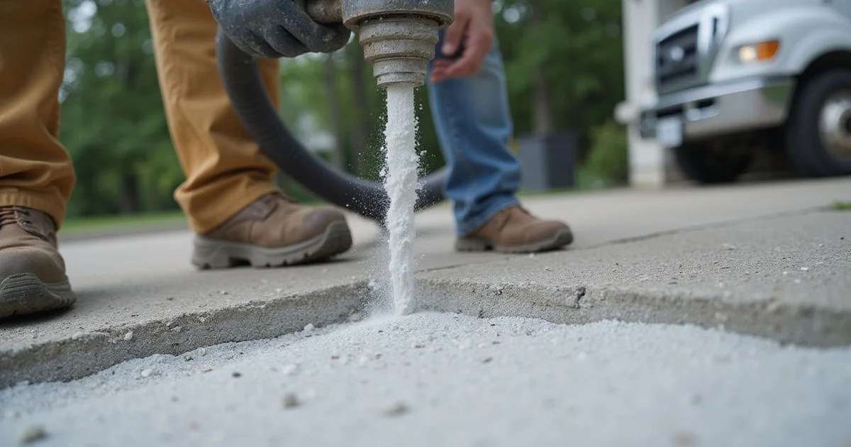 Concrete Leveling Detroit crew injecting material through a 3/8-inch port on a residential driveway