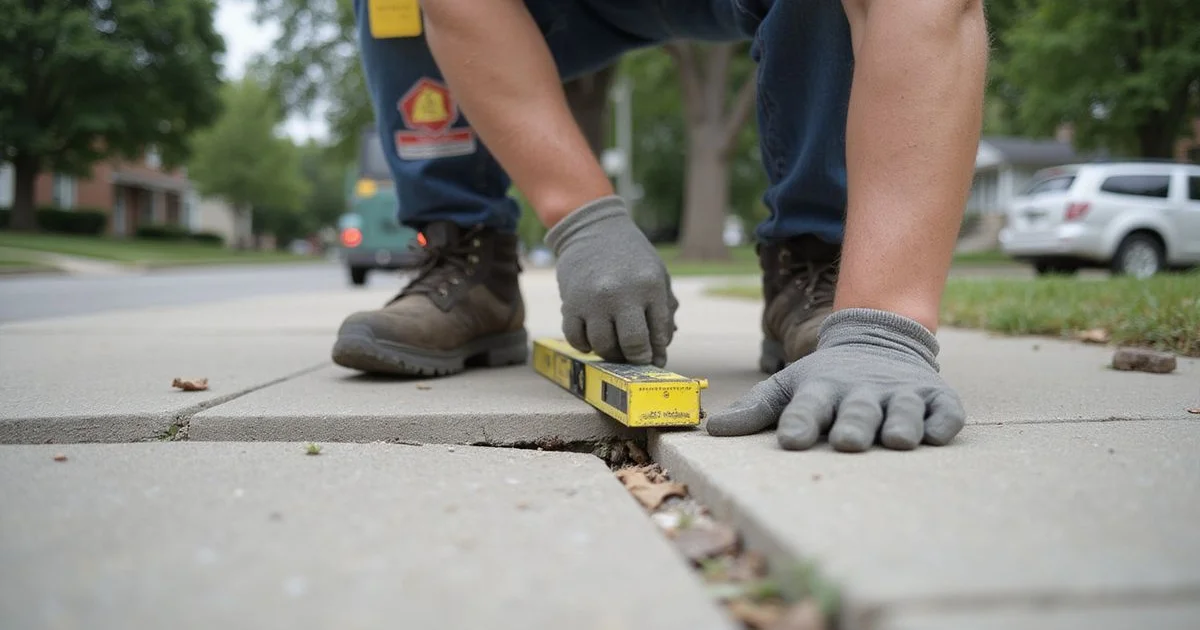 Crew leveling a Metro Detroit sidewalk slab with ADA-tape measurement visible