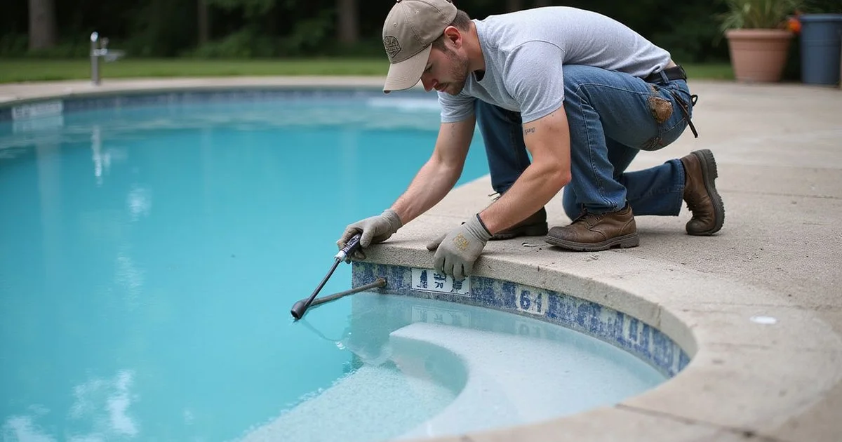 Crew leveling a pool deck edge slab with the pool full