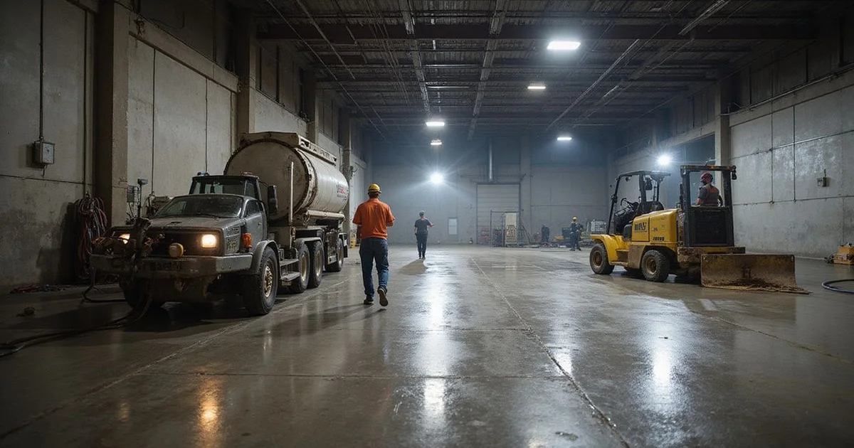Crew leveling a warehouse floor with forklift in adjacent zone
