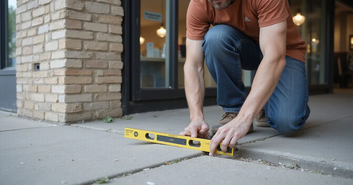 Crew using ADA-spec measuring tool on a retail entrance sidewalk