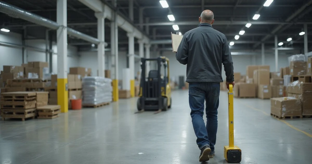 Estimator on a warehouse floor with measuring wheel