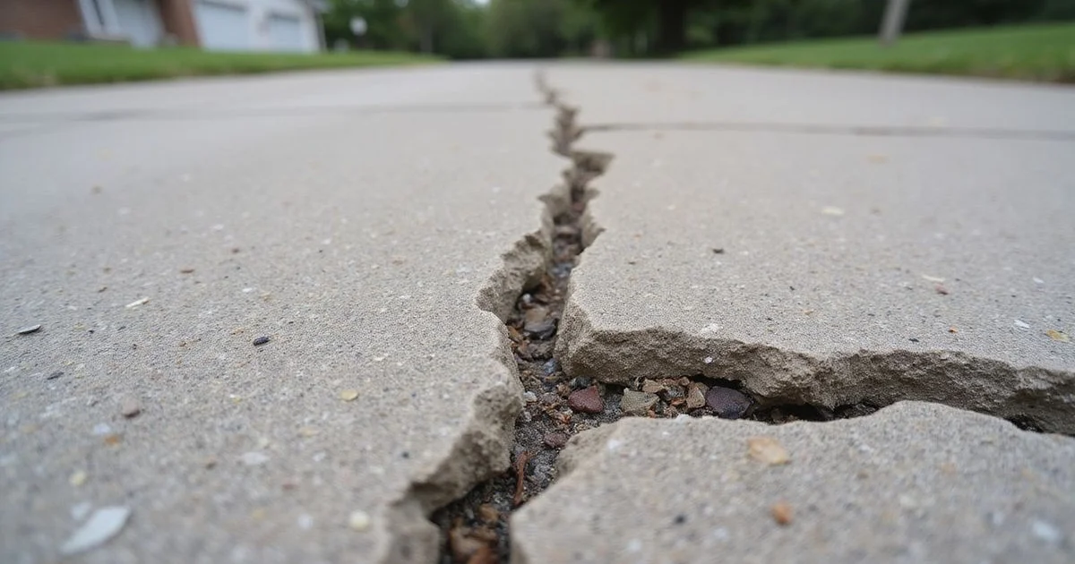 Macro shot: driveway crack and settled slab edge side by side