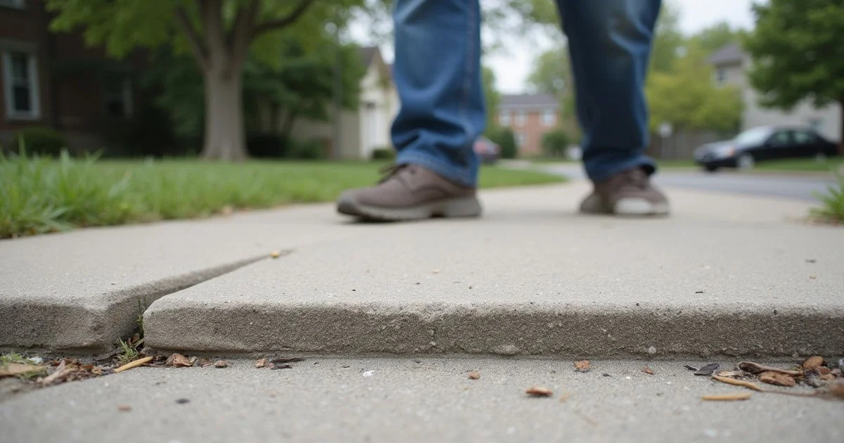 Pedestrian walking past a sidewalk with a visible trip hazard