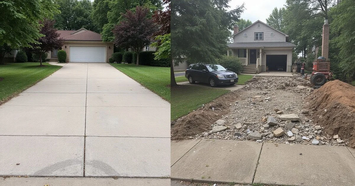 Side-by-side: leveled concrete driveway versus mid-replacement tear-out work in Metro Detroit