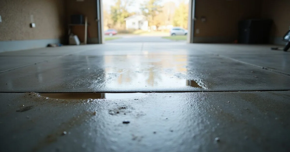 Sloping garage floor with water pooling near the door threshold